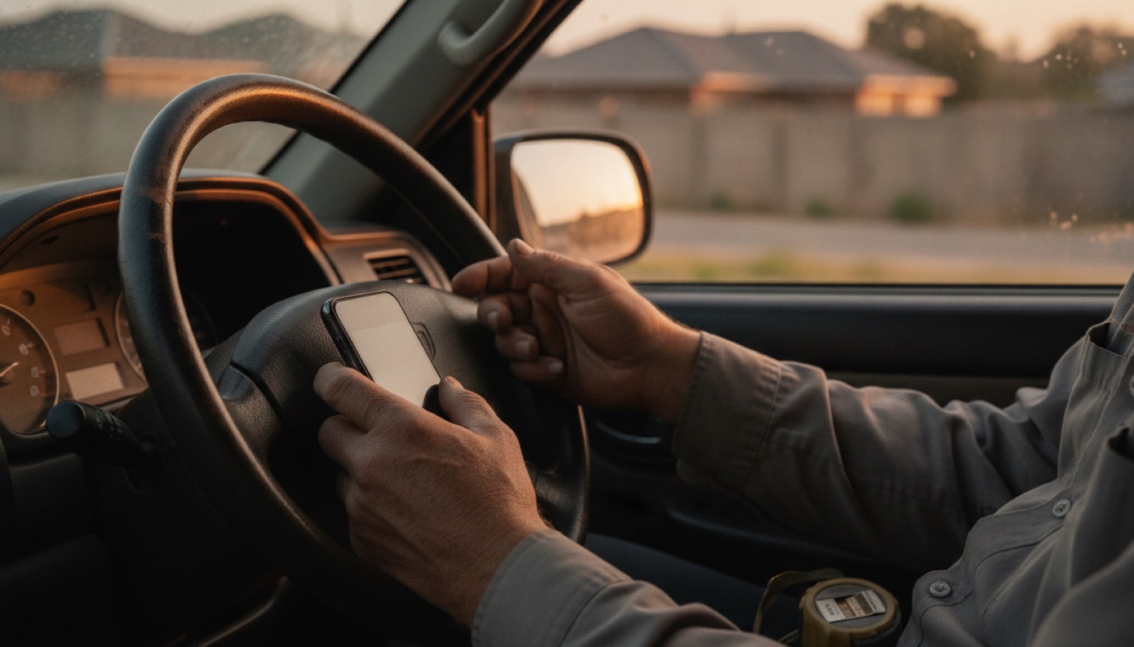 A tradesperson checking their phone in a bakkie at a job site in the late afternoon