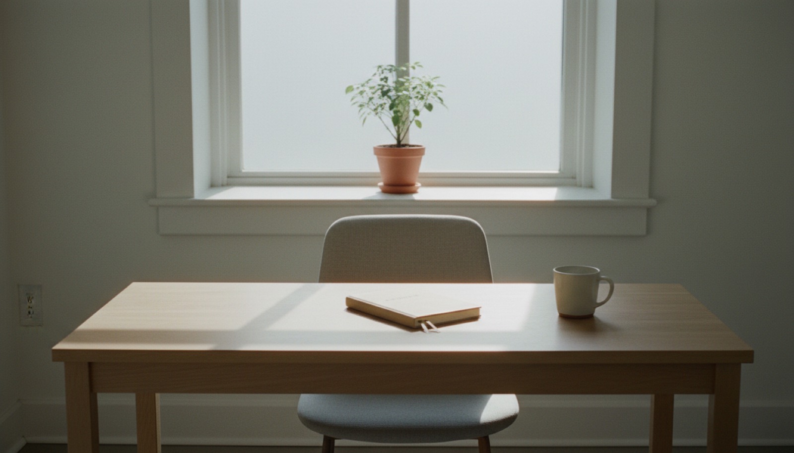 An empty desk with a closed appointment diary and a mug, in early morning light before opening